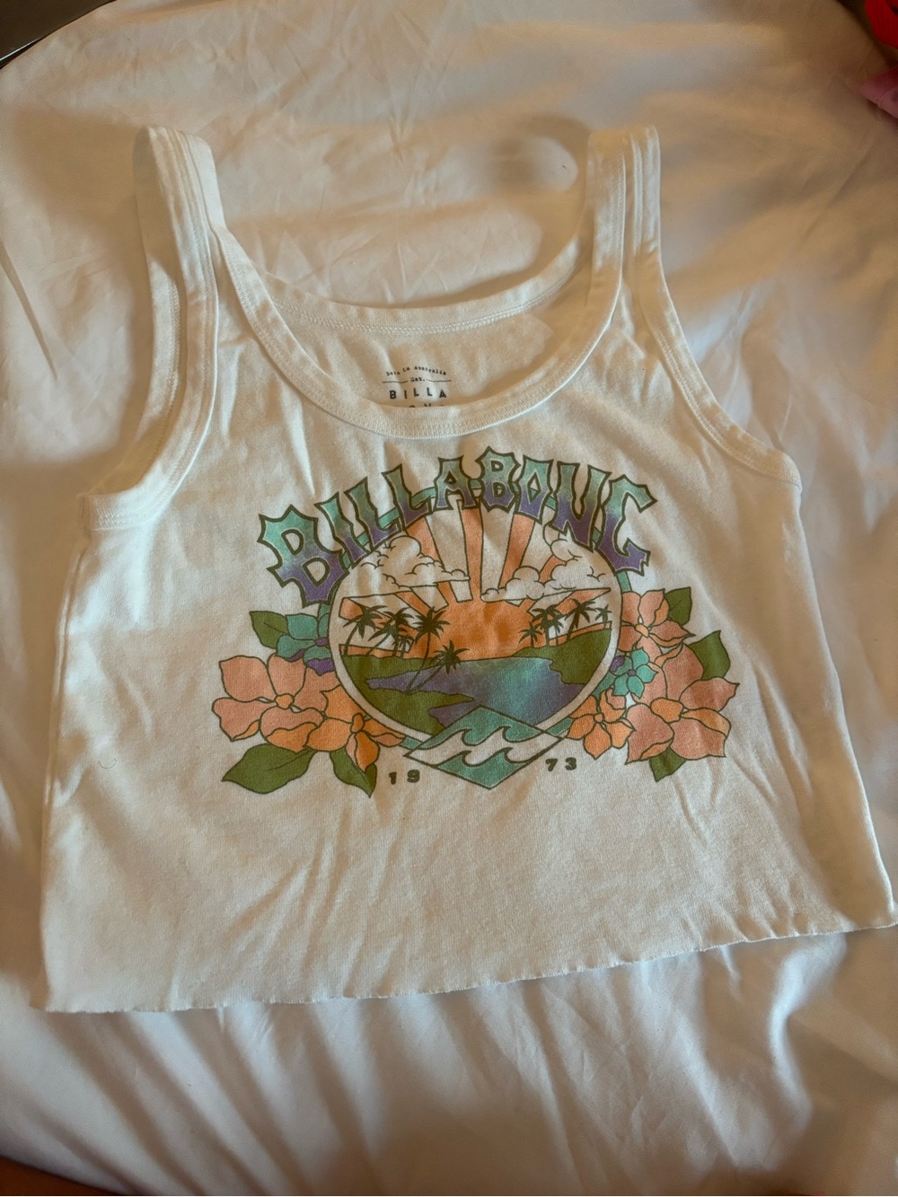Billabong White Tank with Multicolor Tropical Graphic